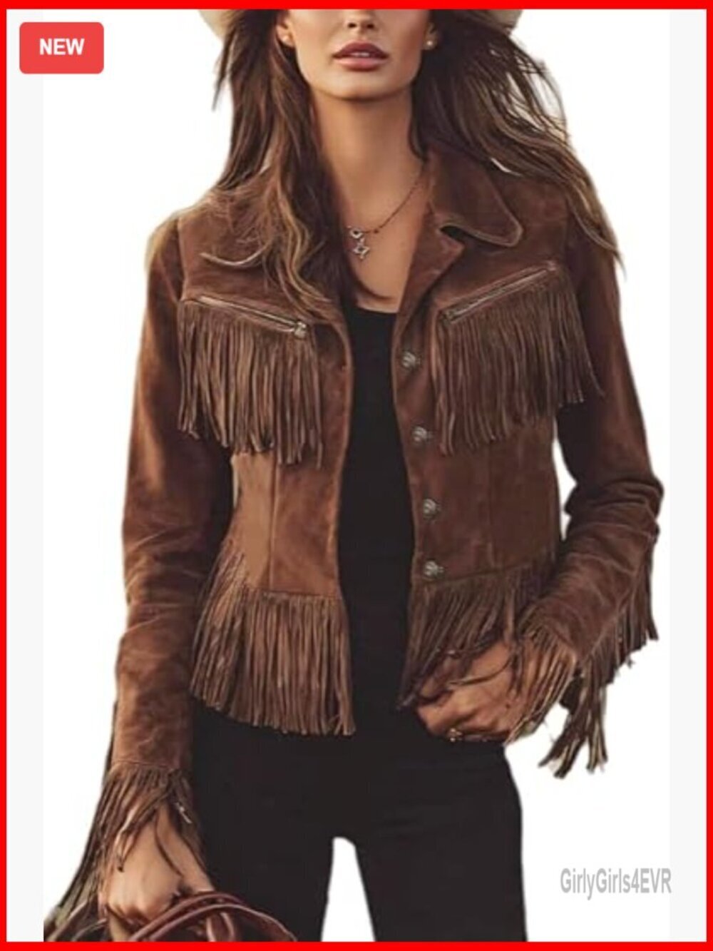 Small Faux Suede Fringe Jacket Western Style Long Sleeve Regular Fit